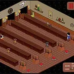 Interiorul unui bar virtual cu mese lungi de lemn, decorat cu obiecte și personaje stilizate