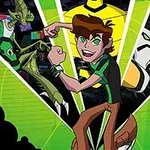 Tânăr cu păr șaten și tricou verde într-o poză de super-erou, cu creaturi extraterestre și un robot pe fundal