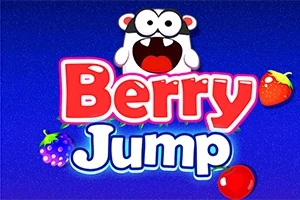 Text colorat „Berry Jump”, însoțit de imaginea unui personaj animat și diverse fructe pe un fundal albastru