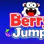 Text colorat „Berry Jump”, însoțit de imaginea unui personaj animat și diverse fructe pe un fundal albastru