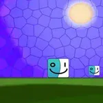 Două cuburi zâmbitoare pe un câmp verde sub un cer albastru cu un soare galben luminos