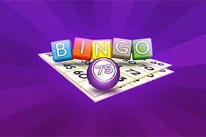 Cuvintele „BINGO” și un bilețel de joc, cu o bilă marcată cu „75”, pe un fundal violet