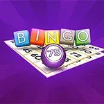 Cuvintele „BINGO” și un bilețel de joc, cu o bilă marcată cu „75”, pe un fundal violet