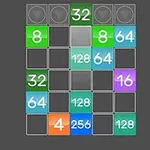 Grilă de 4x4 pe un fundal gri, cu plăcuțe numerotate în culori variate: verde, albastru, portocaliu, și violet, conținând numerele 4, 8, 16, 32, 64, 128, și 256