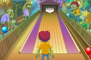 Un personaj cu păr roșu stă pe o pistă de bowling, înconjurat de creaturi verzi care țin bile colorate, cu popice la capătul pistei