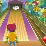Un personaj cu păr roșu stă pe o pistă de bowling, înconjurat de creaturi verzi care țin bile colorate, cu popice la capătul pistei