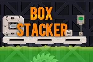 Textul „BOX STACKER” în portocaliu pe un fundal industrial întunecat, cu o bandă transportoare și o roată zimțată verde jos