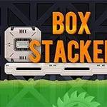 Textul „BOX STACKER” în portocaliu pe un fundal industrial întunecat, cu o bandă transportoare și o roată zimțată verde jos