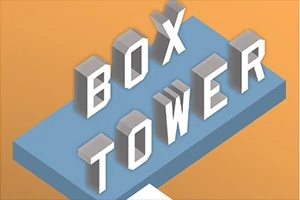 Textul BOX TOWER scris cu litere tridimensionale albe pe un fundal portocaliu și albastru