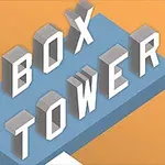 Textul BOX TOWER scris cu litere tridimensionale albe pe un fundal portocaliu și albastru