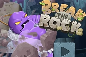 Un personaj violet cu un lanț în jurul gâtului lovind o piatră, cu textul Break the Rock deasupra