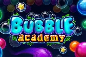 Textul Bubble Academy înconjurat de bile colorate și stele pe un fundal întunecat