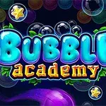 Textul Bubble Academy înconjurat de bile colorate și stele pe un fundal întunecat