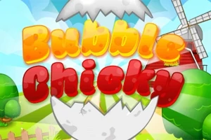 Text colorat Bubble Chicky pe fundal de peisaj rural cu moară de vânt și ou crăpat