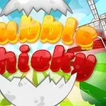 Text colorat Bubble Chicky pe fundal de peisaj rural cu moară de vânt și ou crăpat