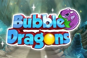 Text colorat, stilizat 3D, cu un dragon mov pe fundal verde și galben într-un mediu de peșteră magică