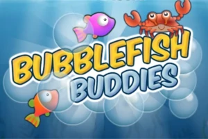 Pe fundal albastru, un pește roz, un pește portocaliu și un crab roșu înconjoară textul Bubblefish Buddies cu bule albe