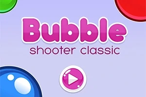 Text roz Bubble shooter classic și un buton de redare pe fundal mov, cu bule colorate în colțurile imaginii