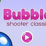 Text roz Bubble shooter classic și un buton de redare pe fundal mov, cu bule colorate în colțurile imaginii