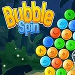 Textul Bubble Spin și un grup de bule colorate în formă rotundă, cu stea galbenă în centru, pe un fundal de seară