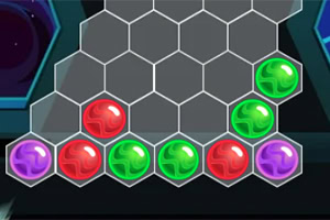 Bile colorate roșii, verzi și mov sunt așezate pe un grid hexagonal într-un spațiu virtual