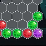 Bile colorate roșii, verzi și mov sunt așezate pe un grid hexagonal într-un spațiu virtual