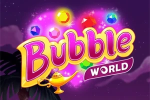 Un text colorat cu cuvântul Bubble, înconjurat de diamante strălucitoare și o lampă magică, pe un fundal violet