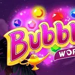 Un text colorat cu cuvântul Bubble, înconjurat de diamante strălucitoare și o lampă magică, pe un fundal violet