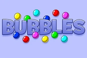 Textul BUBBLES în litere mari, 3D, înconjurat de bile colorate pe un fundal albastru deschis
