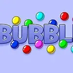 Textul BUBBLES în litere mari, 3D, înconjurat de bile colorate pe un fundal albastru deschis