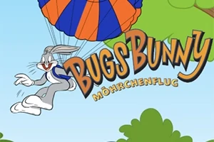 Bugs Bunny zboară cu un parapantă albastru cu portocaliu pe un cer albastru, înconjurat de copaci și titlul Bugs Bunny Möhrchenflug scris pe fundal