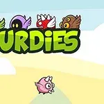 Cuvântul BURDIES scris cu litere verzi mari, cu cinci personaje colorate de desene animate deasupra și un personaj roz în zbor pe cerul senin