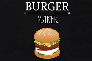 Un burger ilustrat cu salată, roșii, carne, brânză și ceapă, sub textul Burger Maker pe un fundal negru