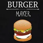 Un burger ilustrat cu salată, roșii, carne, brânză și ceapă, sub textul Burger Maker pe un fundal negru