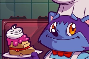 Un personaj albastru, îmbrăcat în costum de bucătar, ținând o farfurie cu o felie de tort cu glazură roz și frișcă, într-o bucătărie desenată animat