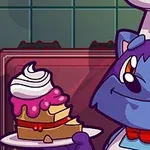 Un personaj albastru, îmbrăcat în costum de bucătar, ținând o farfurie cu o felie de tort cu glazură roz și frișcă, într-o bucătărie desenată animat