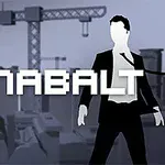 Siluetă a unui bărbat în costum, pe fundal urban cu macarale, având textul CANABALT deasupra