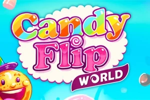 Text colorat Candy Flip World pe fundal albastru cu un personaj zâmbitor și bomboane