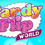 Text colorat Candy Flip World pe fundal albastru cu un personaj zâmbitor și bomboane