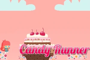 Fundal roz cu un tort cu frișcă și cireșe, o fetiță cu păr roșu și textul Candy Runner