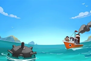 Un vapor mic în larg, cu fum negru, navighează spre o mină maritimă într-un ocean albastru sub un cer senin