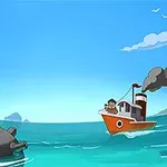 Un vapor mic în larg, cu fum negru, navighează spre o mină maritimă într-un ocean albastru sub un cer senin