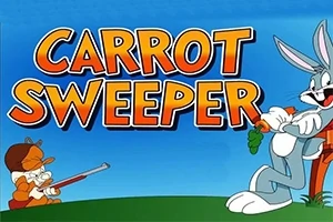 Două personaje animate, unul cu o pușcă și celălalt cu un morcov, pe un fundal albastru cu titlul Carrot Sweeper