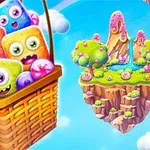 Personaje colorate cu ochi mari se află într-un coș de balon cu aer cald, lângă o insulă plutitoare cu copaci și apă