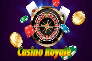Roată de ruletă înconjurată de jetoane de poker, cărți de joc, zaruri și monede pe un fundal mov, cu textul Casino Royale în partea de jos