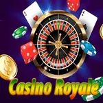 Roată de ruletă înconjurată de jetoane de poker, cărți de joc, zaruri și monede pe un fundal mov, cu textul Casino Royale în partea de jos