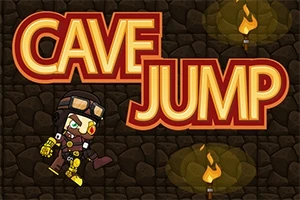 Personaj animat cu echipament de miner sărind în peșteră, cu torțe aprinse și text mare Cave Jump pe fundal de piatră