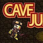 Personaj animat cu echipament de miner sărind în peșteră, cu torțe aprinse și text mare Cave Jump pe fundal de piatră
