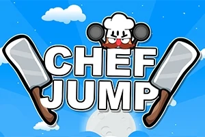Un bucătar desenat, cu o pălărie albă, ține două satâre mari, pe fundal albastru cu nori și textul „Chef Jump”