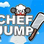 Un bucătar desenat, cu o pălărie albă, ține două satâre mari, pe fundal albastru cu nori și textul „Chef Jump”